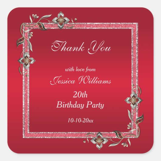 Glamoureus Ruby Red Pareltjes & Glitter Birthday Vierkante Sticker (Voorkant)