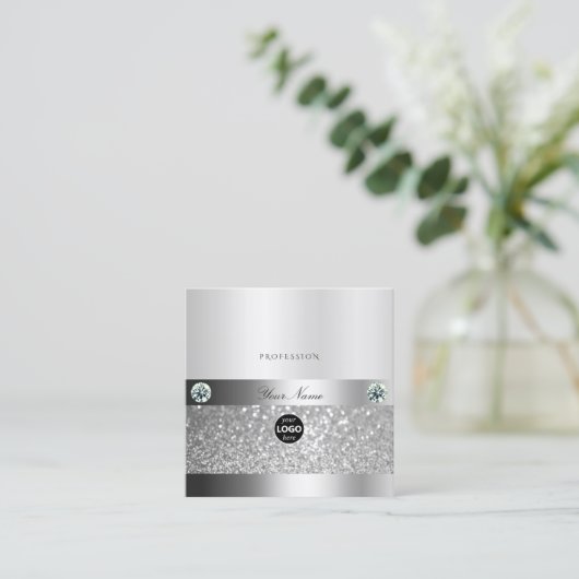 Glamoureus Shimmery Silver Sparkle Glitter and Log Vierkante Visitekaartje (Staand voorkant)