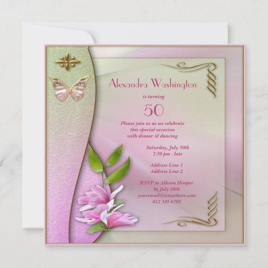 Glamoureus Shoes Magnolia & Butterfly 50th Birthda Kaart (Achterkant)