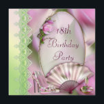 Glamoureus Shoes, Magnolia & Fan 18th Birthday Kaart<br><div class="desc">Prachtige uitnodigingen van 18e verjaardagsfeestje voor meisjes. De moderne roze mode van de elegante en glamoureuze vrouw is hoog, stiletto schoenen, roze magnolium-lente-/zomerbloemen, daminesfan en een schattige parfumefles nodigt uit met een groene, groene kant. Deze stijlvolle, fashioneerbare, girale uitnodigingen zijn aan beide zijden versierd en hebben een platte moeder van...</div>