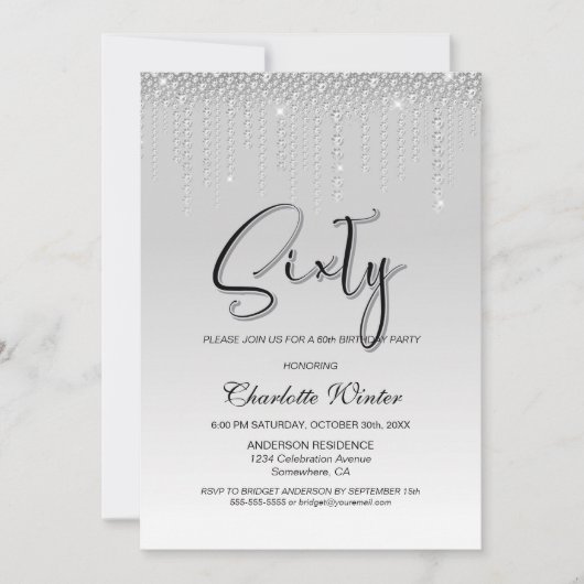 Glamoureus Silver Diamonds 60th Birthday Party Kaart (Voorkant)