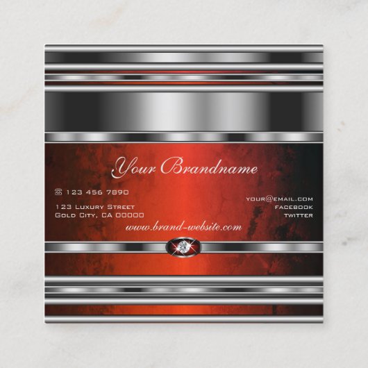 Glamoureus Silver Effect Red Marble met diamanten Vierkante Visitekaartje (Achterkant)