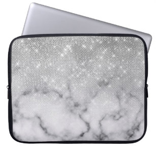 Glamoureus Silver Glitter White Marble Laptop Sleeve