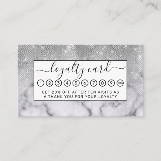 Glamoureus Silver Glitter White Marble Ombre Klantenkaartje (Voorkant)