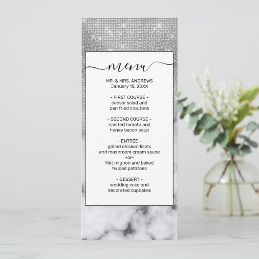 Glamoureus Silver Glitter White Marble Ombre Menu (Staand voorkant)