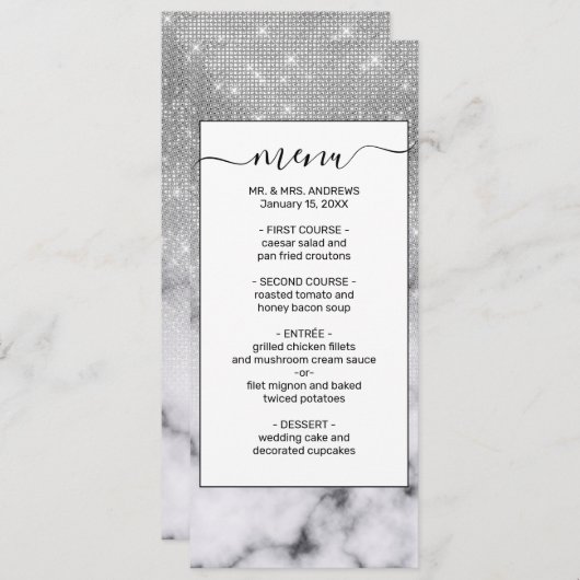 Glamoureus Silver Glitter White Marble Ombre Menu (Voorkant / Achterkant)
