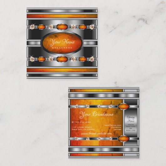 Glamoureus Silver met Oranje marmer en diamanten Vierkante Visitekaartje (Voorkant / Achterkant)