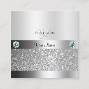 Glamoureus Silver Shimmery Glitter met Monogram Vierkante Visitekaartje