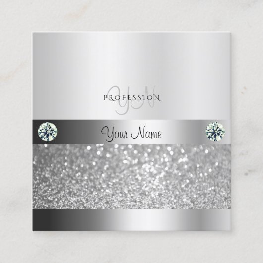 Glamoureus Silver Shimmery Glitter met Monogram Vierkante Visitekaartje (Voorkant)