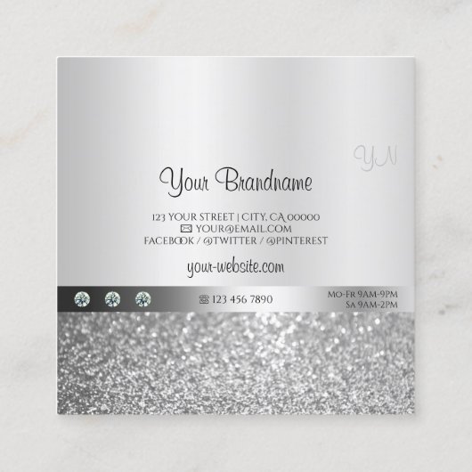 Glamoureus Silver Shimmery Glitter met Monogram Vierkante Visitekaartje (Achterkant)