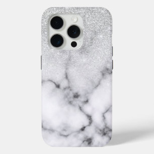 Glamoureus Silver White Glitter Marmer Gradient iPhone 15 Pro Case