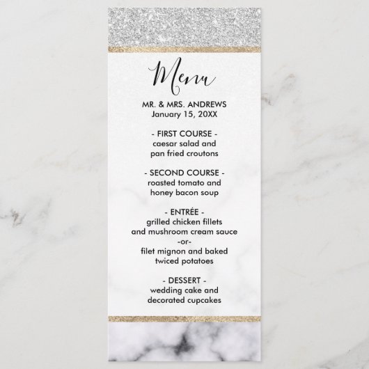 Glamoureus Silver White Glitter Marmer Gradient Menu (Voorkant)