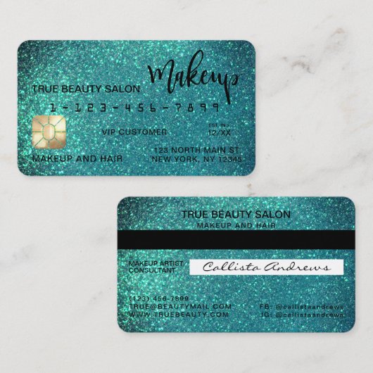 Glamoureus Sparkly Blauwgroen Glitter Credit Kaart Visitekaartje (Voorkant / Achterkant)