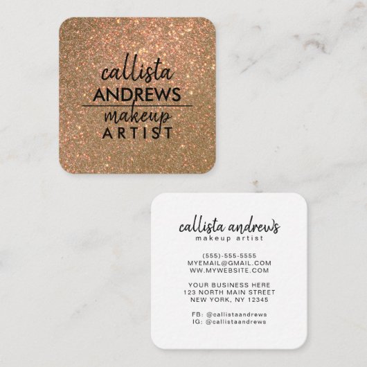 Glamoureus Sparkly Gold Glitter Makeup Artist Vierkante Visitekaartje (Voorkant / Achterkant)