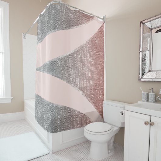 Glamoureus Sparkly Silver Roos Gold Glitter Geo Douchegordijn (In situ)