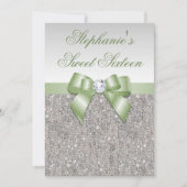 Glamoureus Sweet 16 Faux Silver Sequins Green Bow Kaart (Voorkant)
