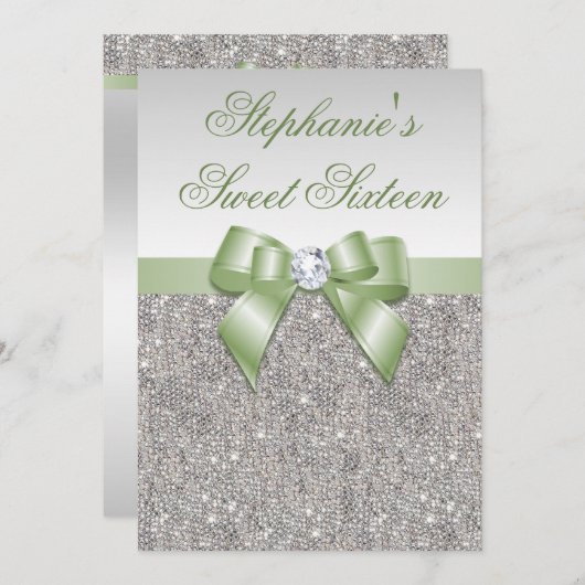 Glamoureus Sweet 16 Faux Silver Sequins Green Bow Kaart (Voorkant / Achterkant)