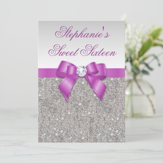 Glamoureus Sweet 16 Faux Silver Sequins Paarse Bow Kaart (Staand voorkant)