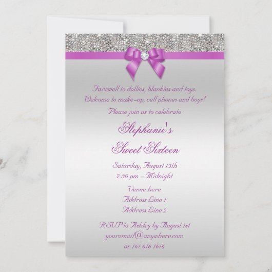 Glamoureus Sweet 16 Faux Silver Sequins Paarse Bow Kaart (Achterkant)