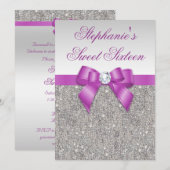 Glamoureus Sweet 16 Faux Silver Sequins Paarse Bow Kaart (Voorkant / Achterkant)