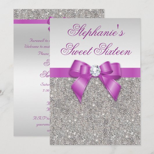 Glamoureus Sweet 16 Faux Silver Sequins Paarse Bow Kaart (Voorkant / Achterkant)