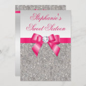 Glamoureus Sweet 16 Silver Sequins Hot Pink Bow Kaart (Voorkant / Achterkant)