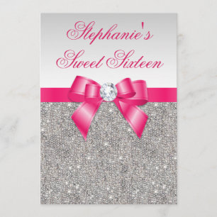 Glamoureus Sweet 16 Silver Sequins Hot Pink Bow Kaart