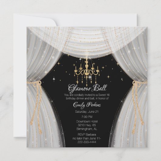 Glamoureus White Black en Gold Sweet Sixteen Invi Kaart (Voorkant)