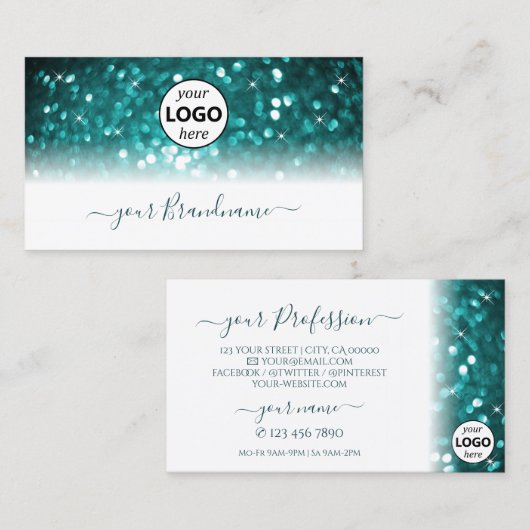 Glamoureus White Blauwgroen Sparking Glitter met L Visitekaartje (Voorkant / Achterkant)