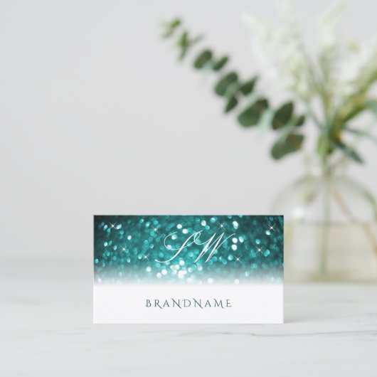 Glamoureus White Blauwgroen Sparking Glitter Monog Visitekaartje (Staand voorkant)