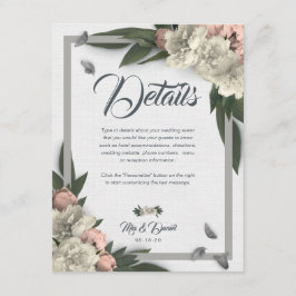 Glamoureus White en Peach Floral Peonies Informatiekaartje