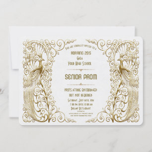 Glamoureus White Gold Art Deco Peacock Senior Prom Kaart