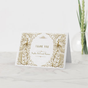 Glamoureus White Gold Art Deco Peacocks Hartelijk  Bedankkaart