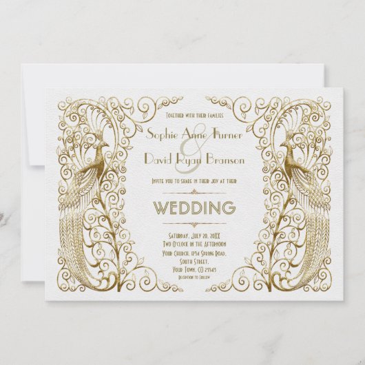 Glamoureus White Gold Art Deco Peacocks Weddenscha Kaart (Voorkant)