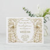 Glamoureus White Gold Art Deco Peacocks Weddenscha Kaart (Staand voorkant)