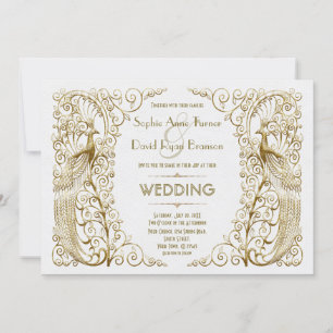 Glamoureus White Gold Art Deco Peacocks Weddenscha Kaart