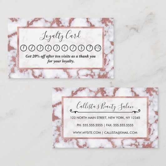 Glamoureus White Rose Gold Glitter Marble Patroon Klantenkaartje (Voorkant / Achterkant)