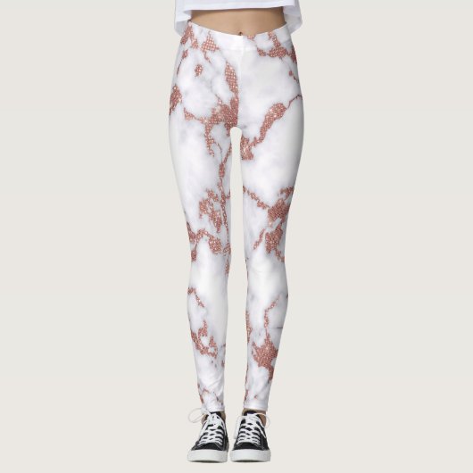 Glamoureus White Rose Gold Glitter Marble Patroon Leggings (Voorkant)