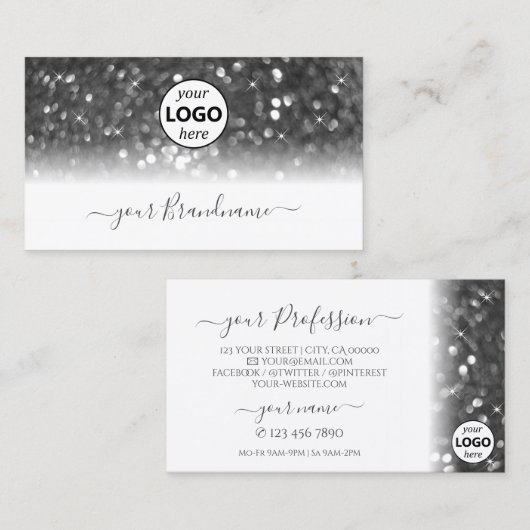 Glamoureus White Silver Sparking Glitter met Logo Visitekaartje (Voorkant / Achterkant)