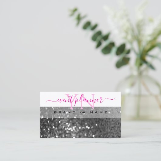 Glamoureus White Silver Sparking Glitter Monogram Visitekaartje (Staand voorkant)