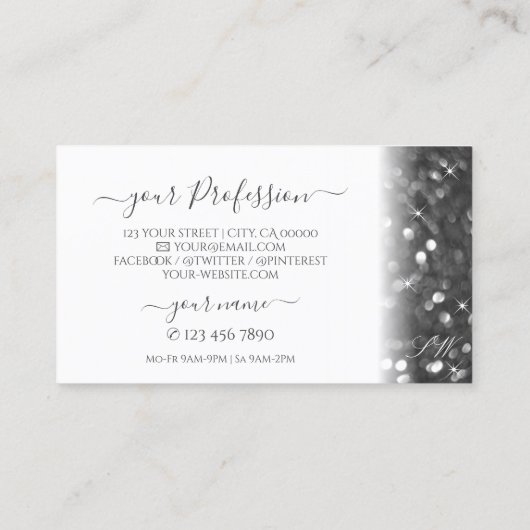 Glamoureus White Silver Sparking Glitter Monogram Visitekaartje (Achterkant)