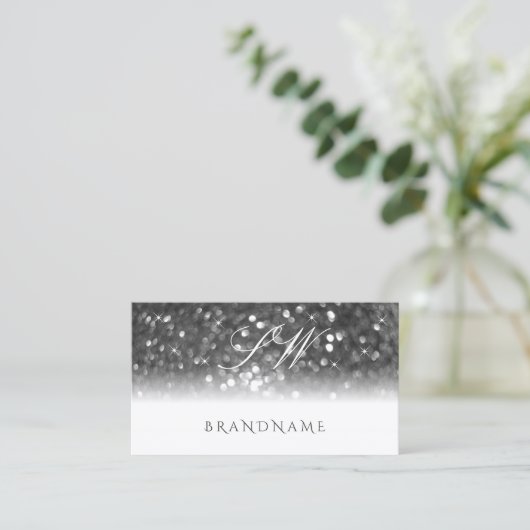 Glamoureus White Silver Sparking Glitter Monogram Visitekaartje (Staand voorkant)