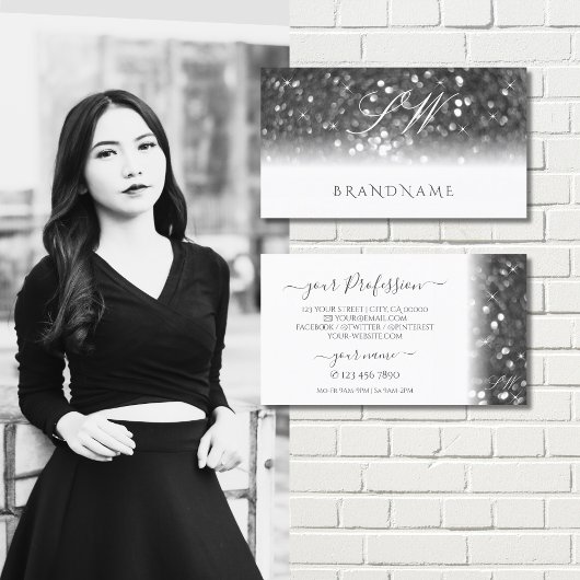 Glamoureus White Silver Sparking Glitter Monogram Visitekaartje