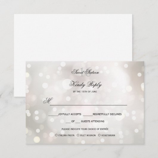 Glamoureus Wit Glitter Sweet 16 RSVP MENU KEUZE (Voorkant / Achterkant)