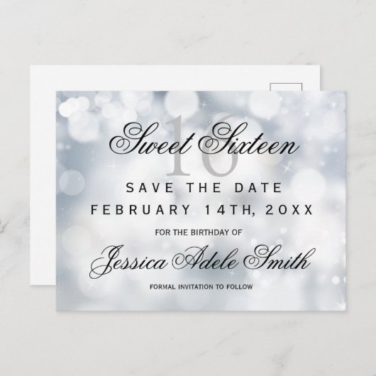 Glamoureus Zilver Glitter Sweet 16 bewaar de datum Briefkaart (Voorkant / Achterkant)