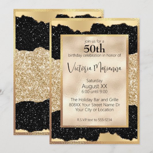 Glamoureus Zwart en Goud Glitter 50ste verjaardag Kaart (Voorkant / Achterkant)