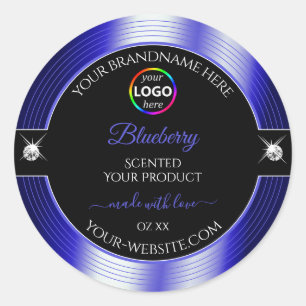 Glamoureus Zwart Glanzend Blauw met Logo Product L Ronde Sticker