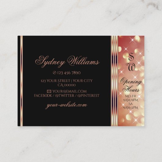 Glamoureus Zwart Roos Gouden Sparkle Glitter Monog Visitekaartje (Achterkant)