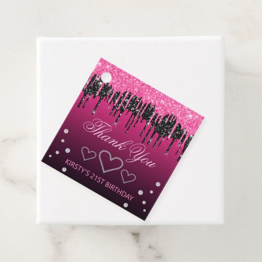 Glamoureus zwart-roze druppelaar Glitter Birthday Bedankjes Labels (In situ)