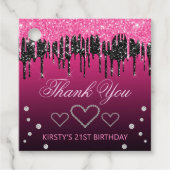 Glamoureus zwart-roze druppelaar Glitter Birthday Bedankjes Labels (Voorkant)